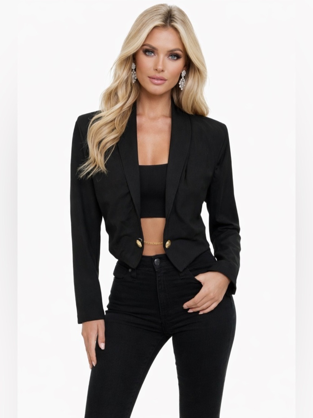 A. Byer Womens Black Cropped Blazer Jacket Size Medium NWT Gold Chain